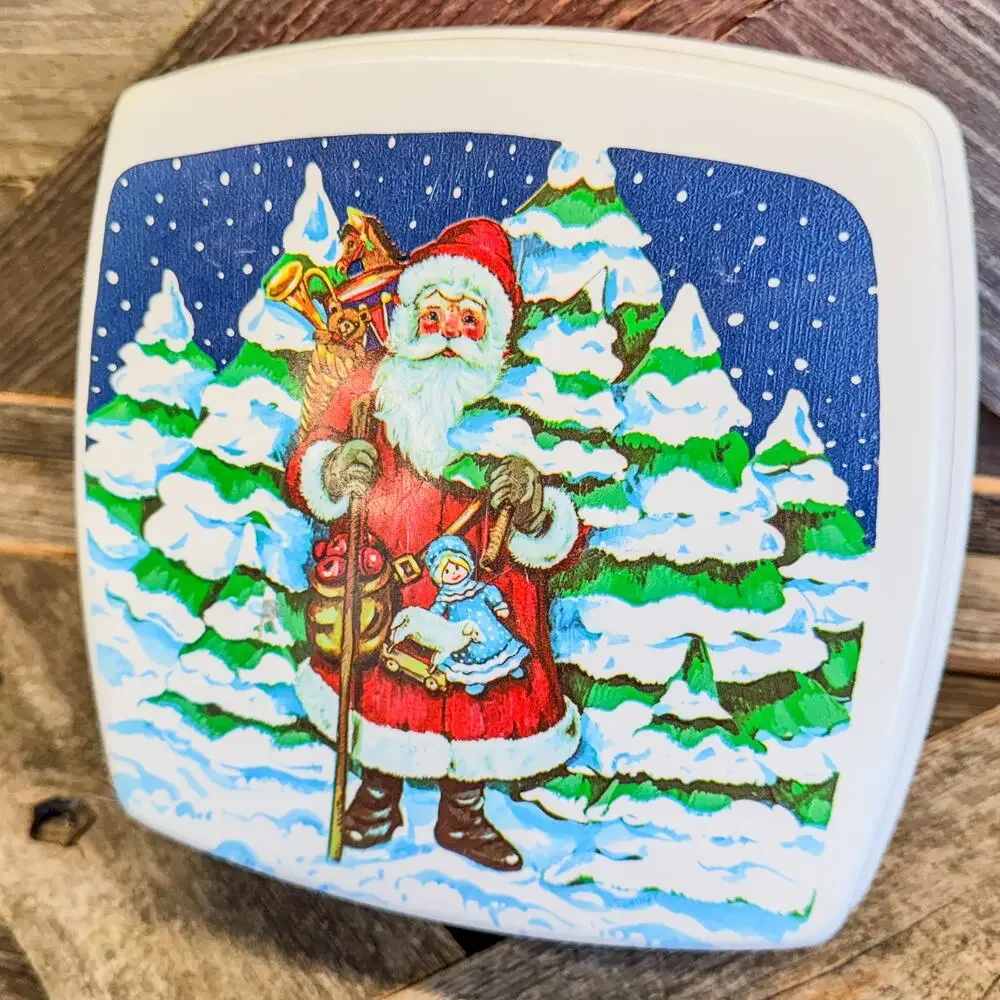Vintage Plastic Santa Box Hardshell Container, Christmas Decor, 3.75”H x 7”W